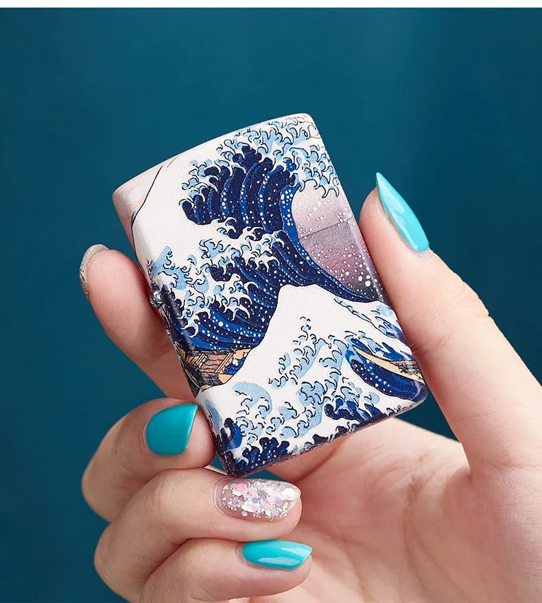 Coloured lacquer windproof lighter with Kanagawa surf design, steel inner liner, copper housing