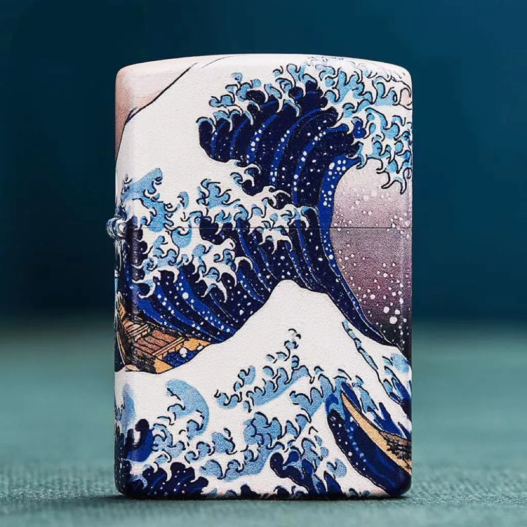 Coloured lacquer windproof lighter with Kanagawa surf design, steel inner liner, copper housing