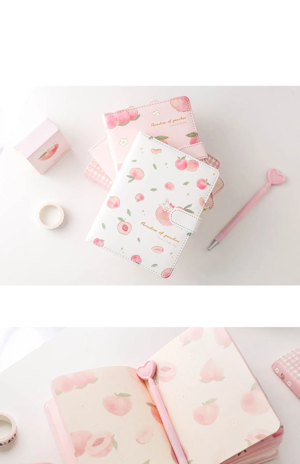 A5 hardcover student notebook with imitation leather cover in Peach Talk Feast design, wired binding, open flat