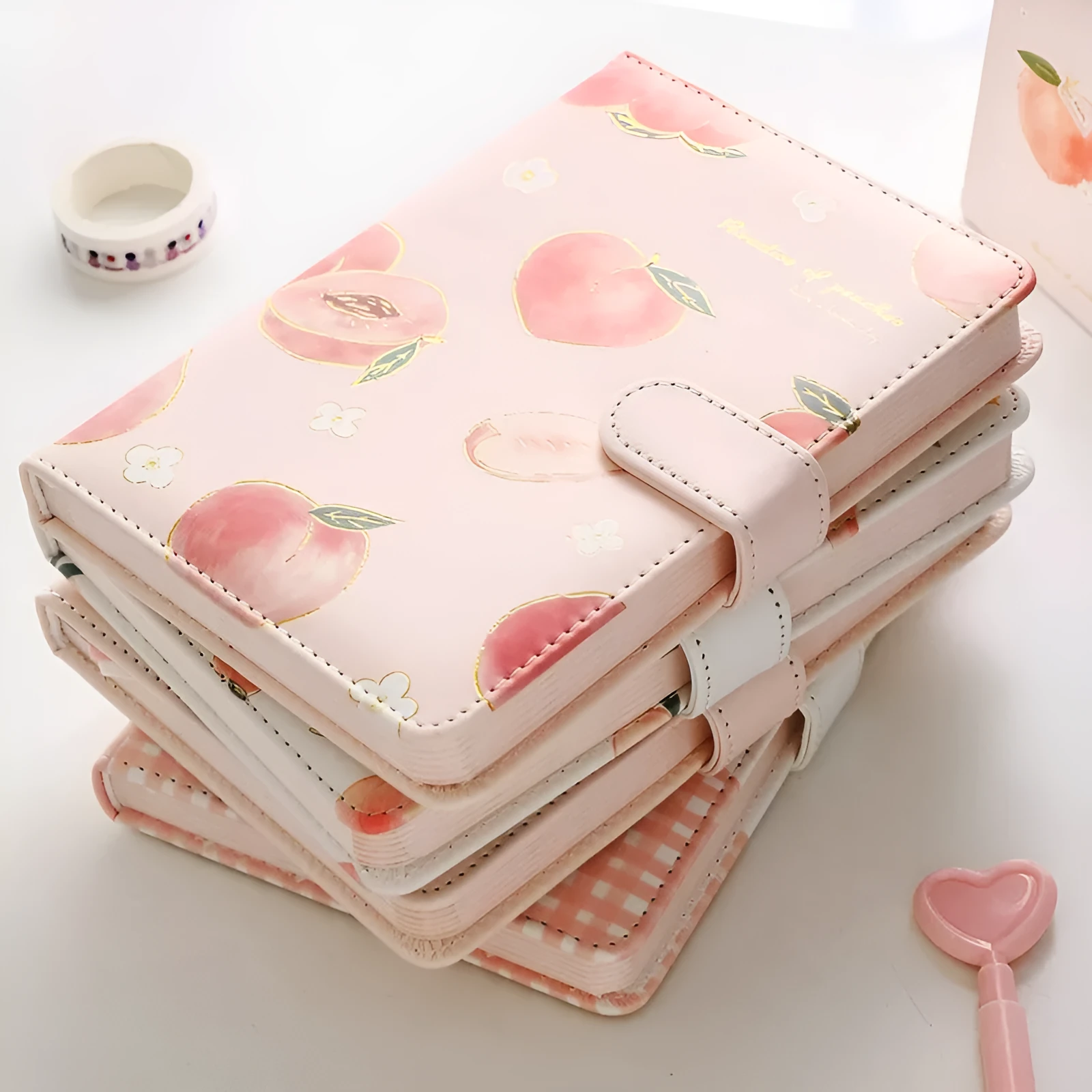 A5 hardcover student notebook with imitation leather cover in Peach Talk Feast design, wired binding, open flat