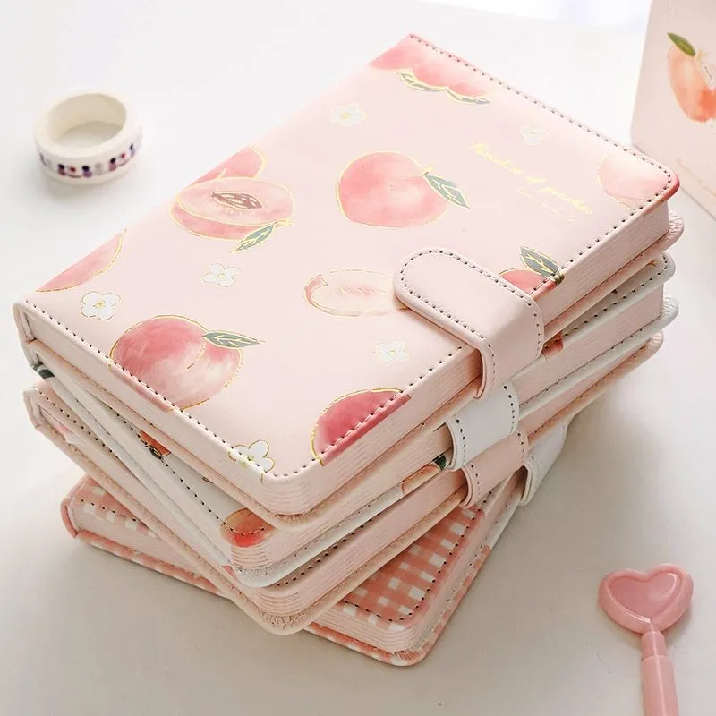 A5 hardcover student notebook with imitation leather cover in Peach Talk Feast design, wired binding, open flat