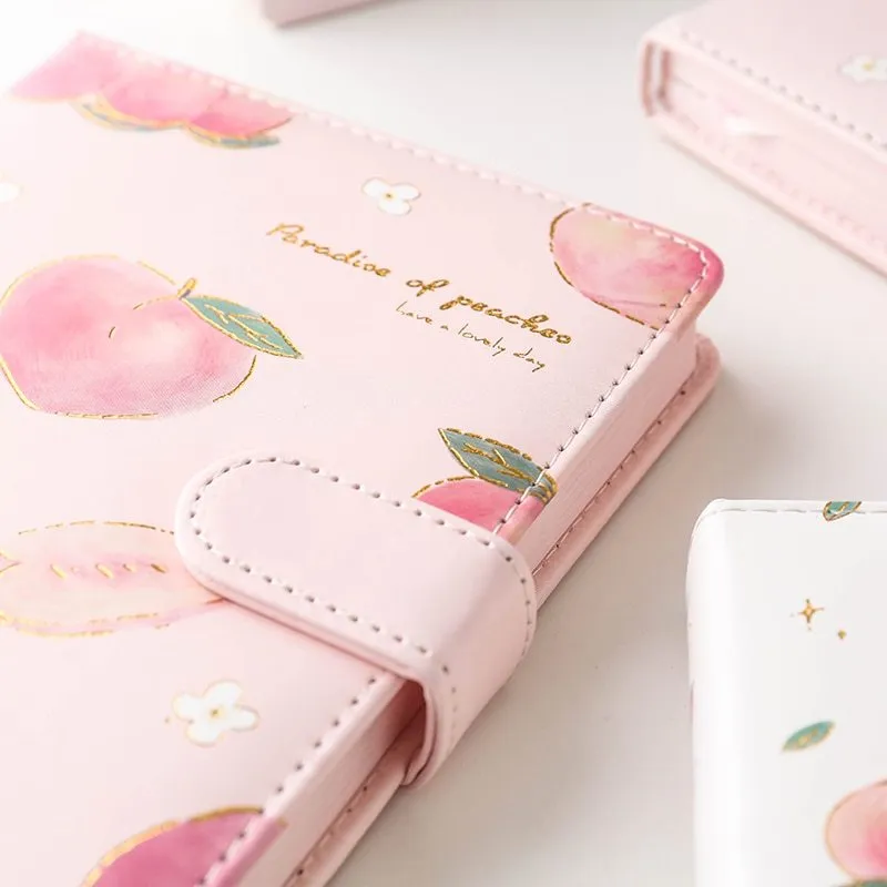 A5 hardcover student notebook with imitation leather cover in Peach Talk Feast design, wired binding, open flat