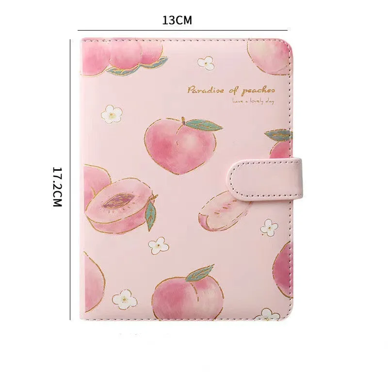 A5 hardcover student notebook with imitation leather cover in Peach Talk Feast design, wired binding, open flat