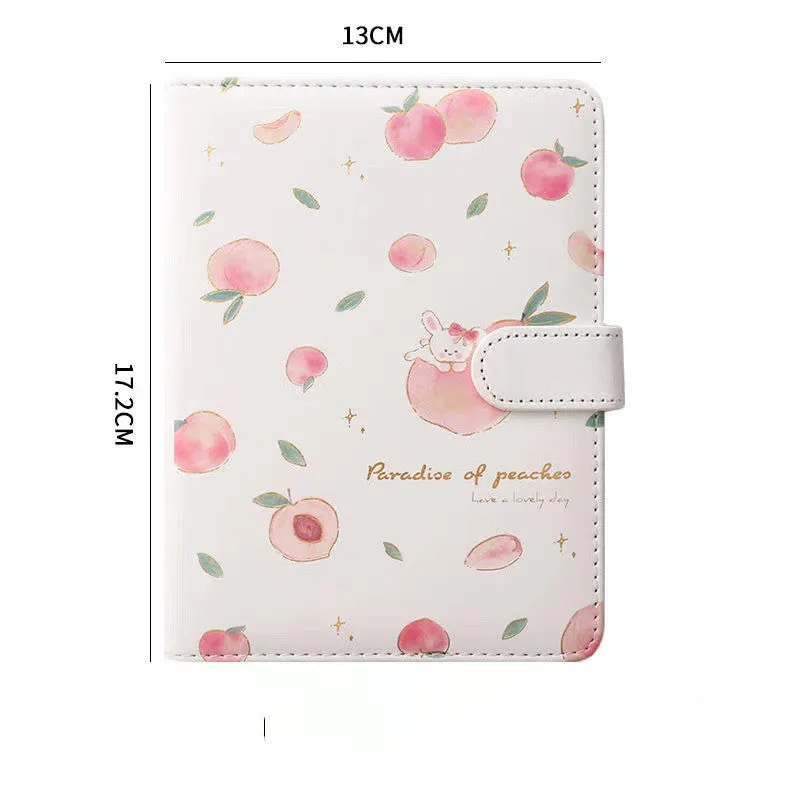 A5 hardcover student notebook with imitation leather cover in Peach Talk Feast design, wired binding, open flat
