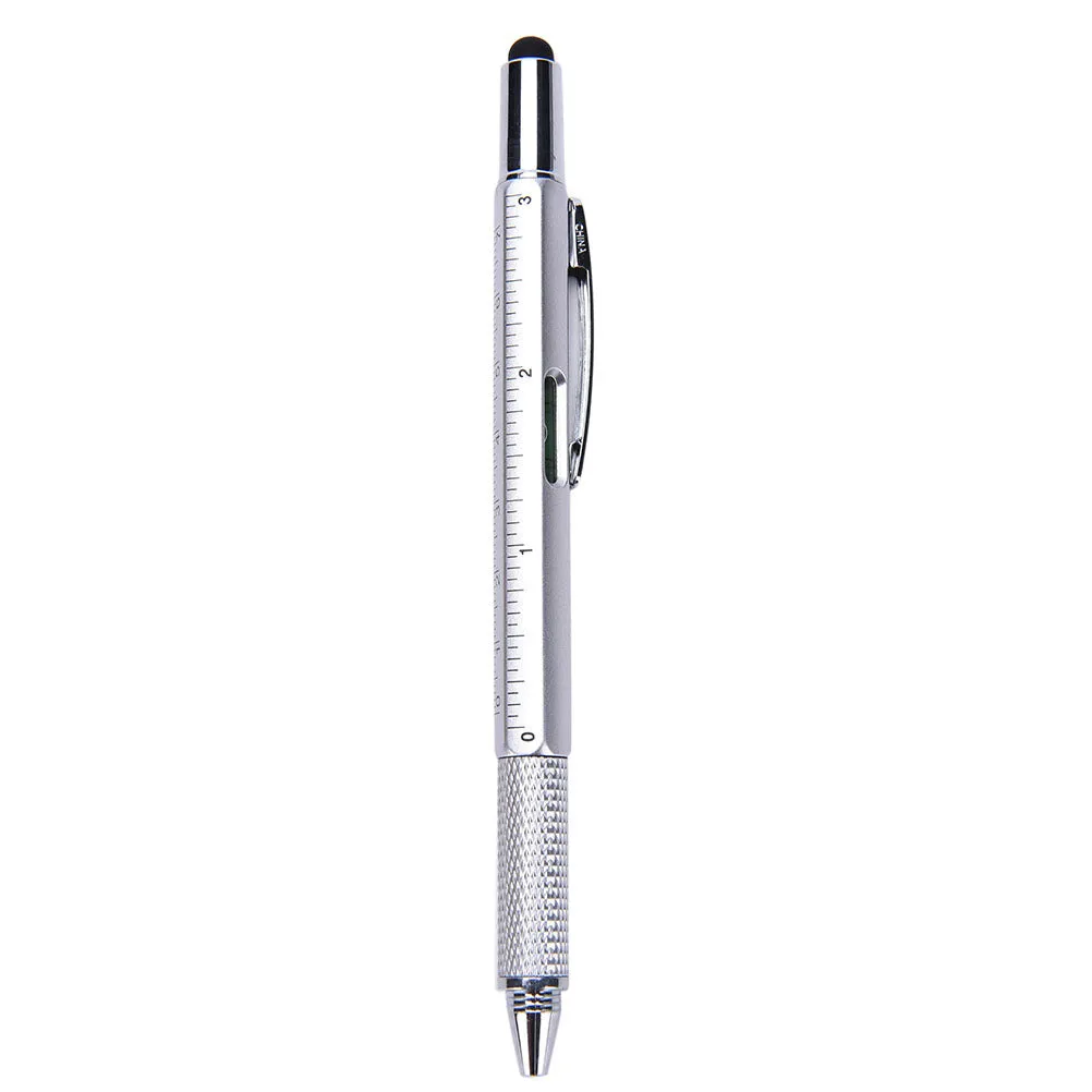 6 in 1 multi-function ballpoint pen with touch screen stylus, screwdriver tips, ruler and spirit level in black plastic