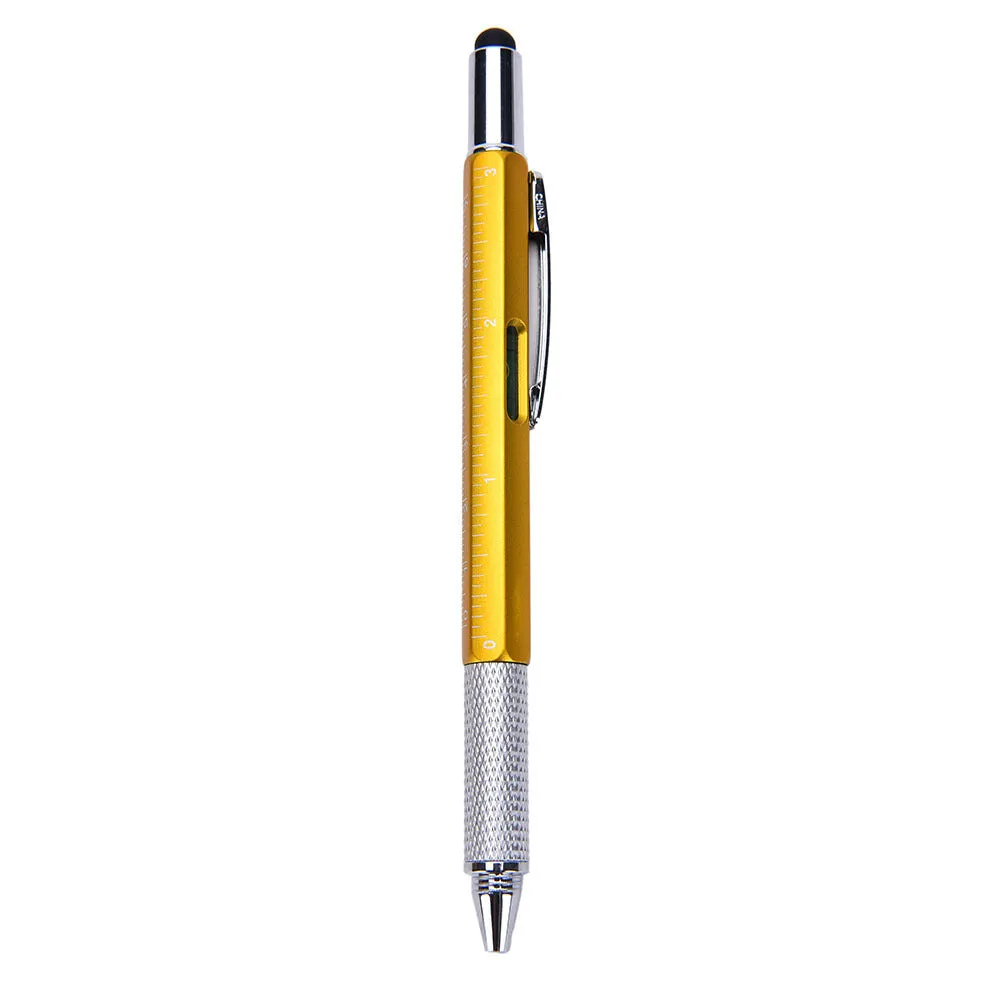 6 in 1 multi-function ballpoint pen with touch screen stylus, screwdriver tips, ruler and spirit level in black plastic