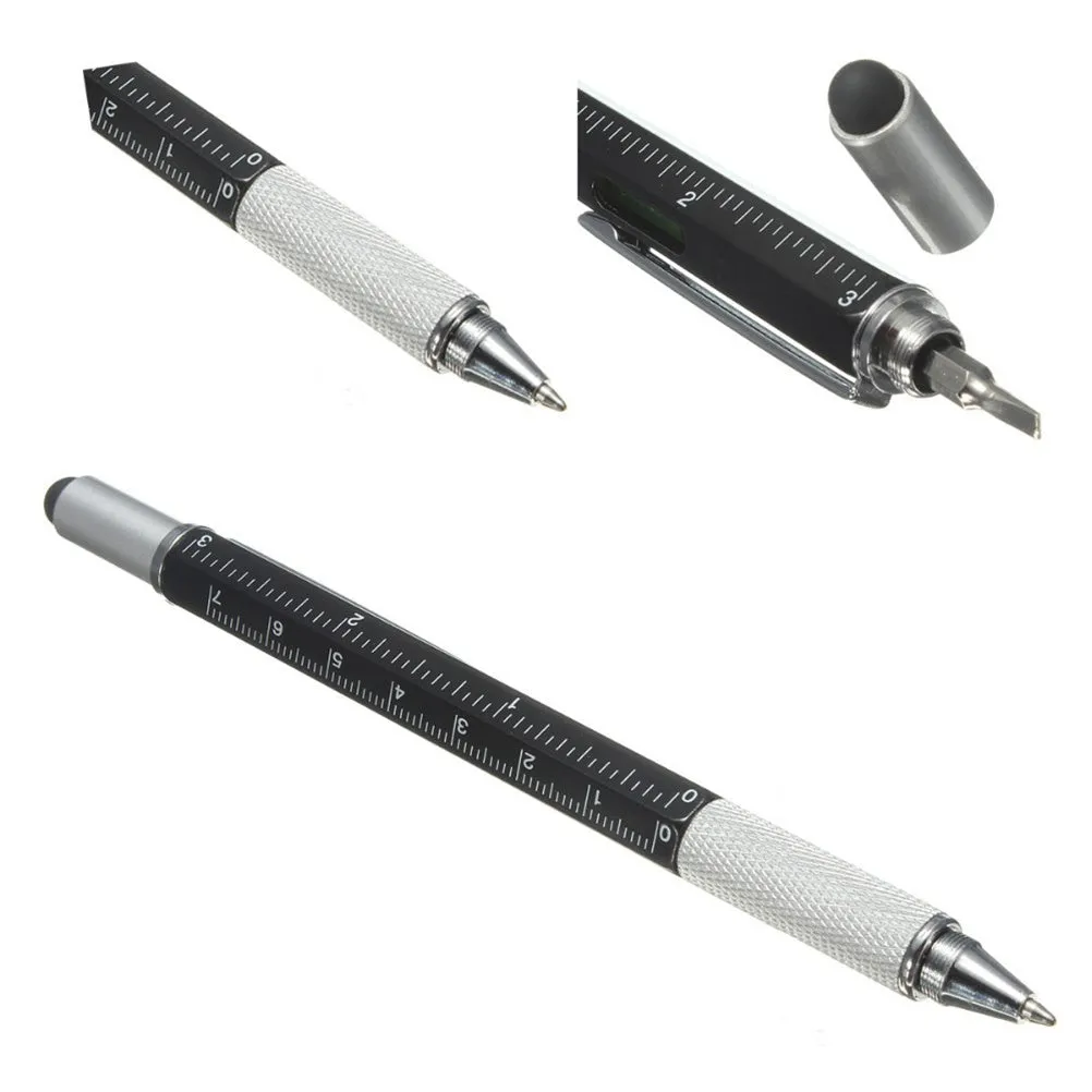 6 in 1 multi-function ballpoint pen with touch screen stylus, screwdriver tips, ruler and spirit level in black plastic