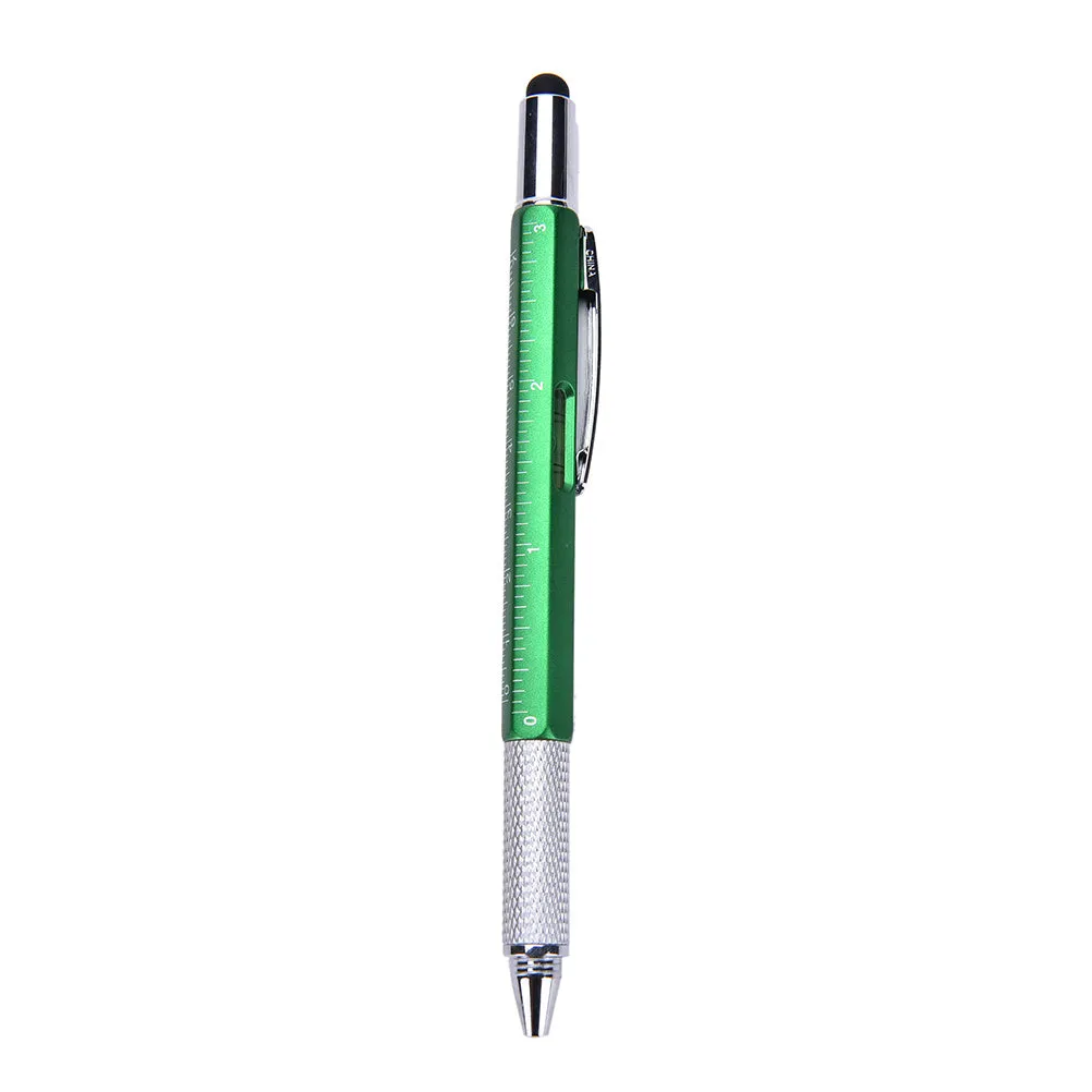 6 in 1 multi-function ballpoint pen with touch screen stylus, screwdriver tips, ruler and spirit level in black plastic