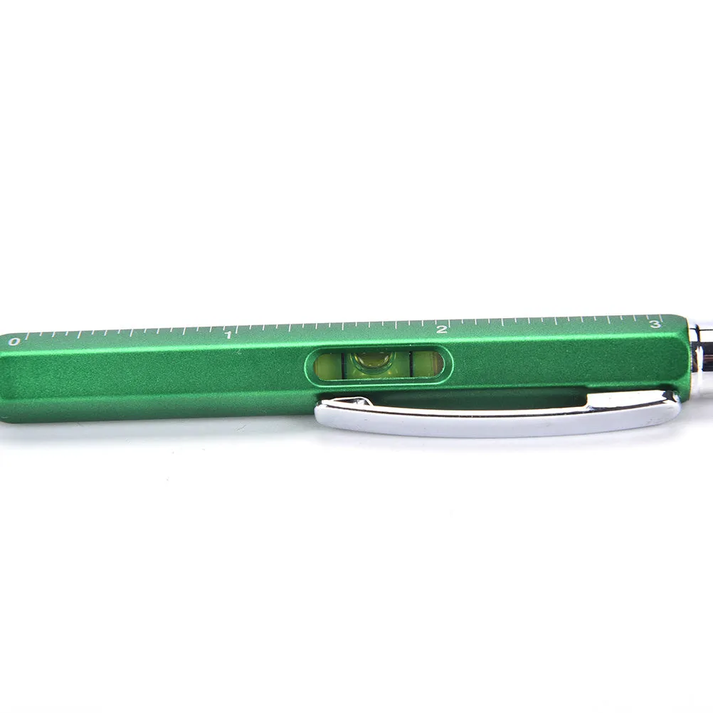 6 in 1 multi-function ballpoint pen with touch screen stylus, screwdriver tips, ruler and spirit level in black plastic