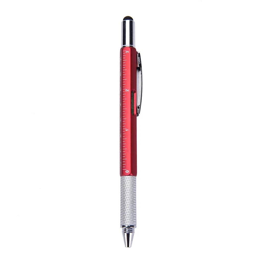 6 in 1 multi-function ballpoint pen with touch screen stylus, screwdriver tips, ruler and spirit level in black plastic