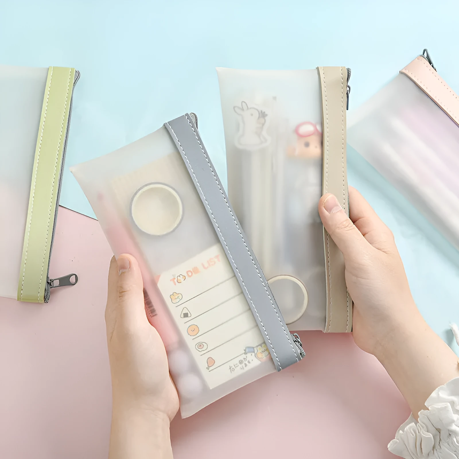 Junior high school high-value pencil case large capacity TPU stationery bag in beige colour option
