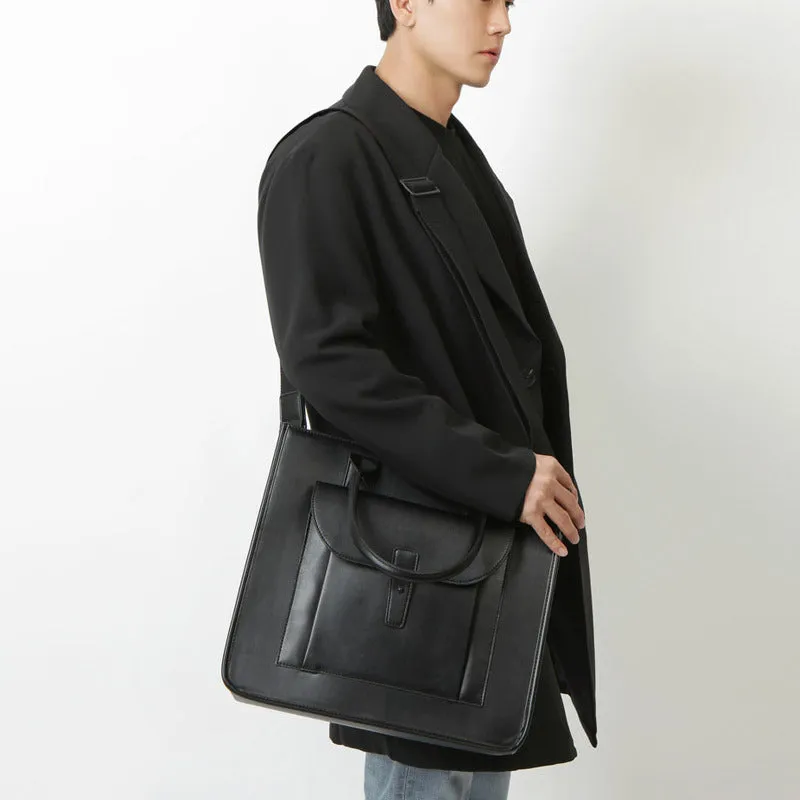 Men's PU leather shoulder messenger bag in solid black with vertical square shape