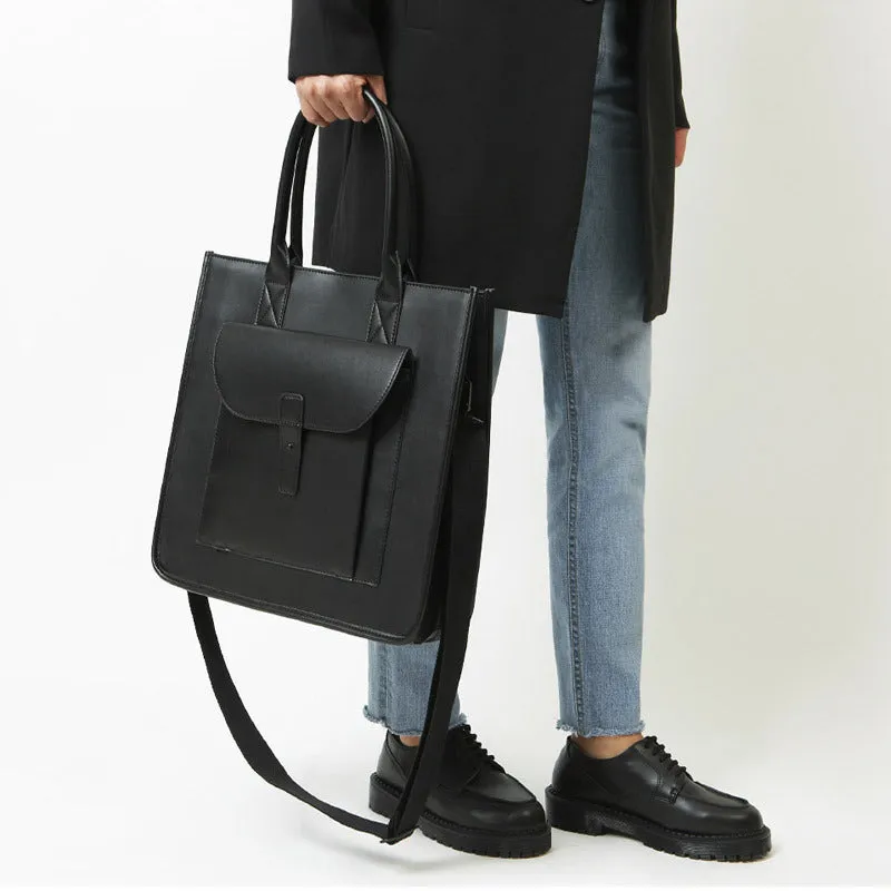 Men's PU leather shoulder messenger bag in solid black with vertical square shape