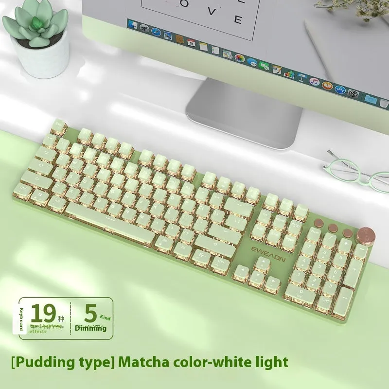 E-sports mechanical keyboard with multifunction knob and white backlighting in matcha green colour