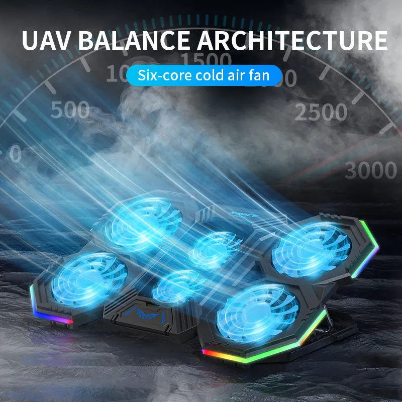 RGB notebook cooling pad with six fans and adjustable stand for 12-21 inch laptops