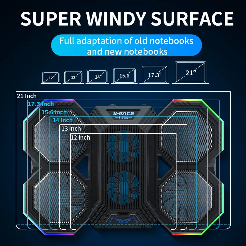 RGB notebook cooling pad with six fans and adjustable stand for 12-21 inch laptops