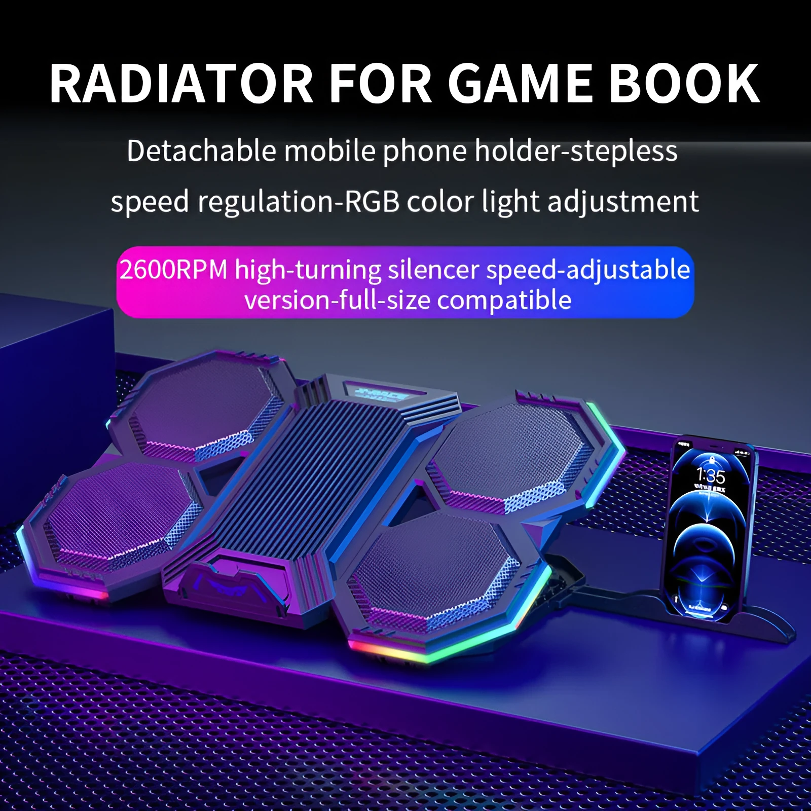 RGB notebook cooling pad with six fans and adjustable stand for 12-21 inch laptops