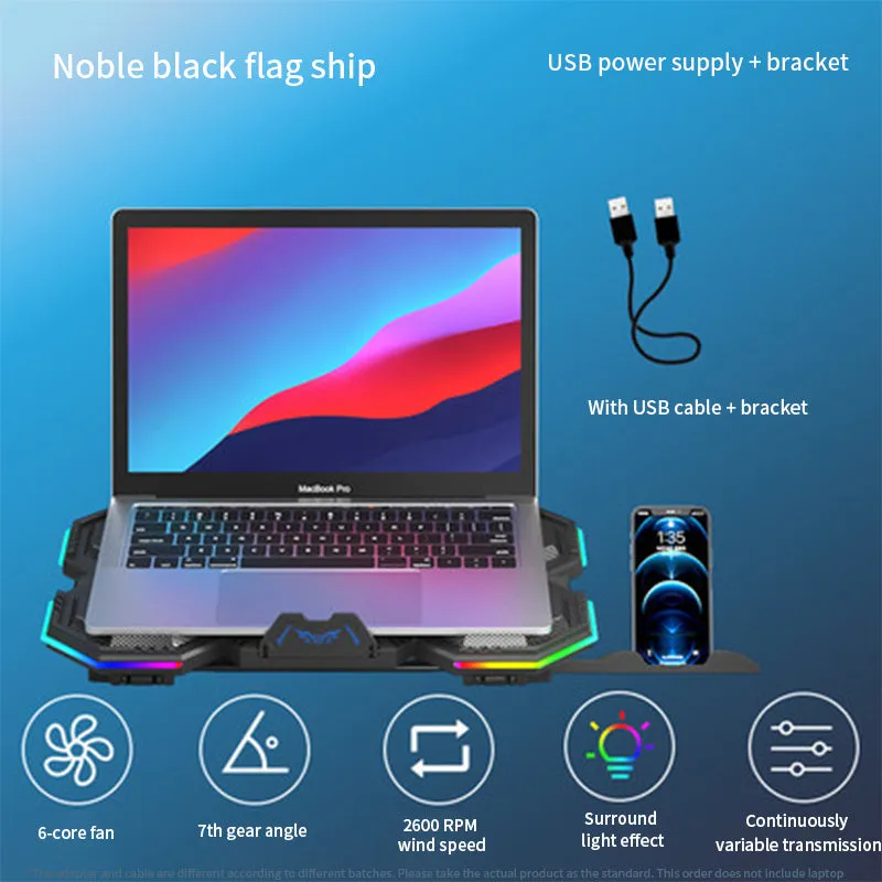 RGB notebook cooling pad with six fans and adjustable stand for 12-21 inch laptops