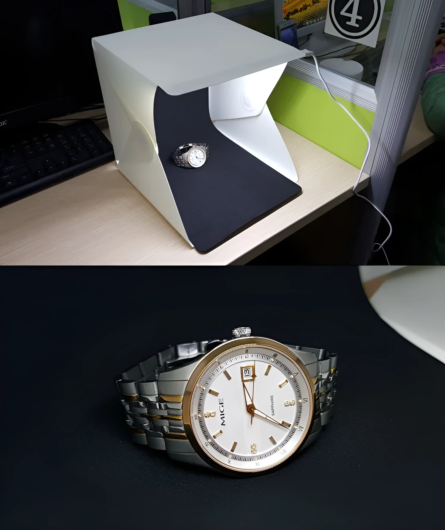 Mini LED folding studio soft light photo lamp with black and white background pads for product photography