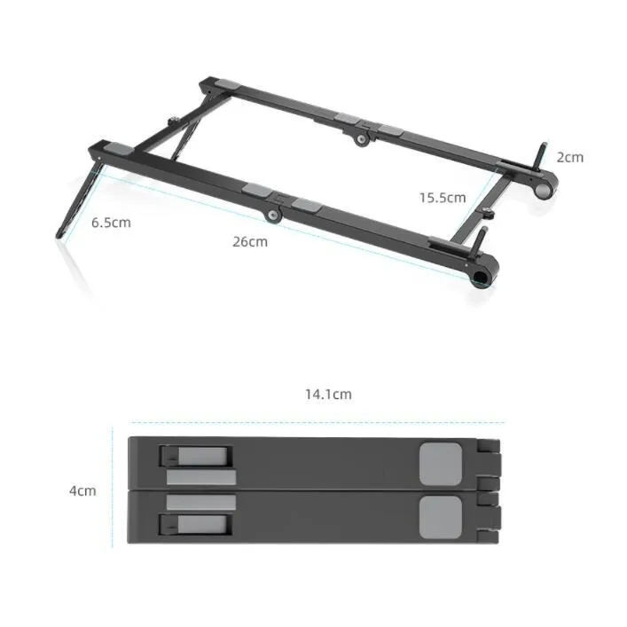 Grey multifunctional laptop stand with seven-shaped silicone grip on a flat surface
