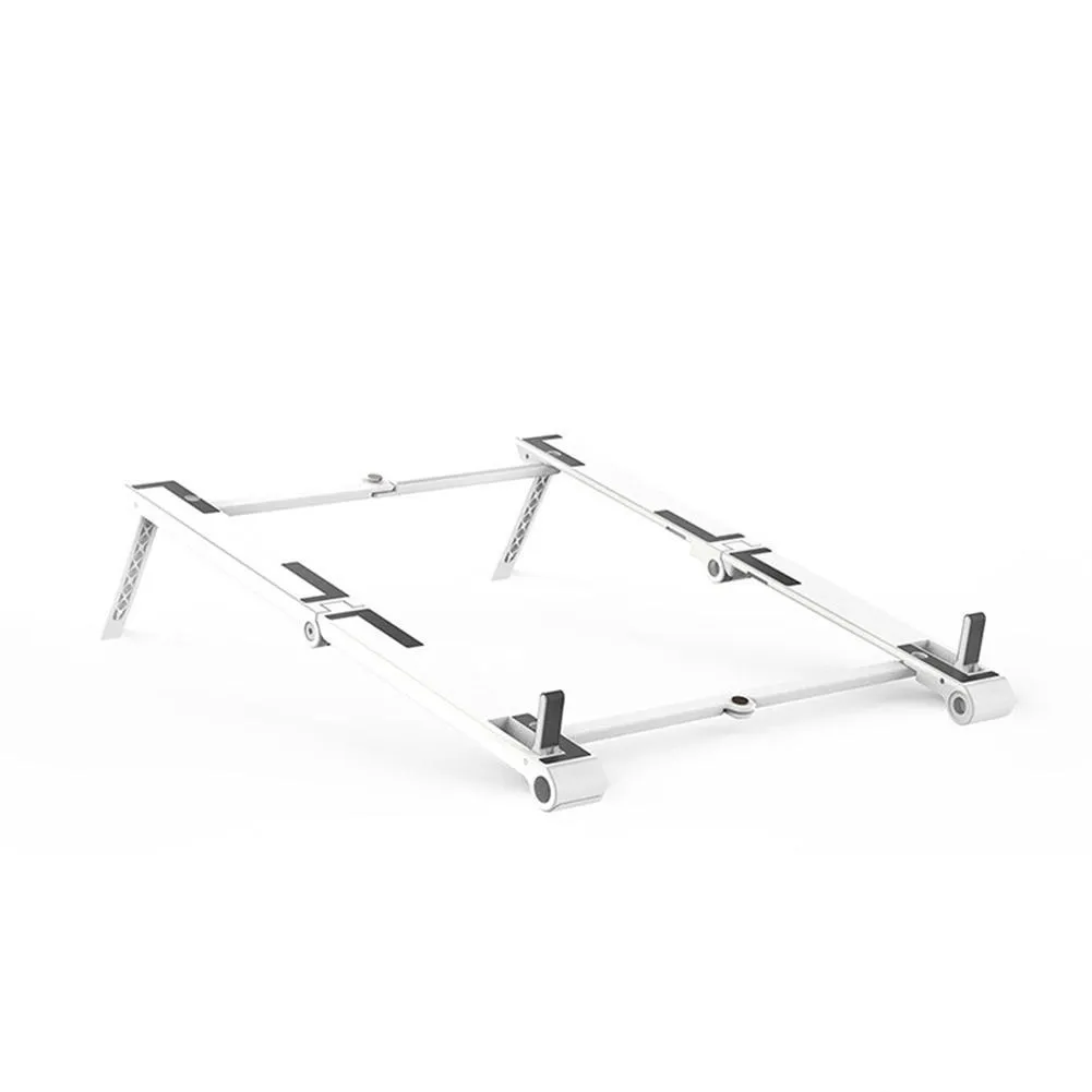Grey multifunctional laptop stand with seven-shaped silicone grip on a flat surface