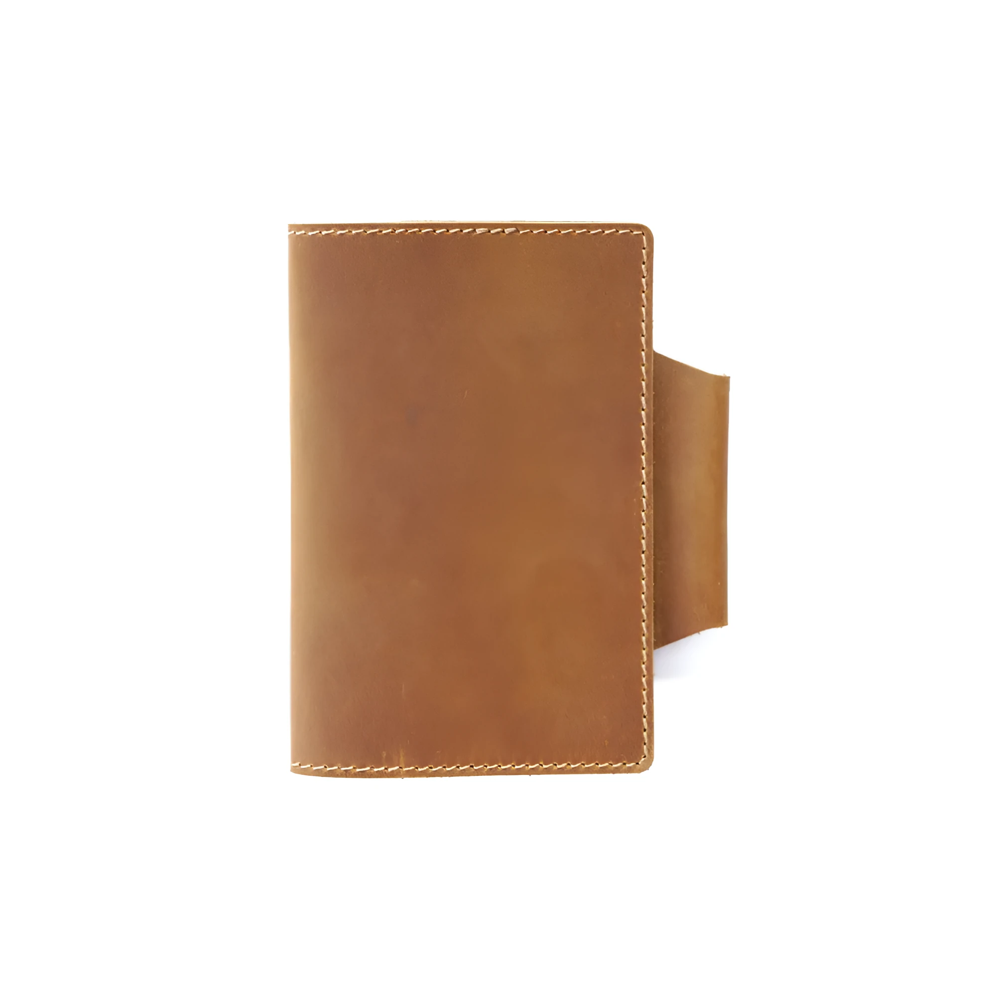 Leather travel notebook with Crazy Horse Yellow Brown cover, open to blank Daolin paper pages, A6 size 9x14cm
