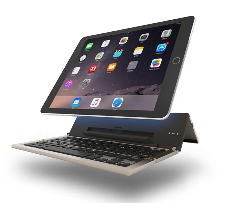 F18 three-fold folding aluminium alloy Bluetooth keyboard in golden, expanded view showing 58 keys