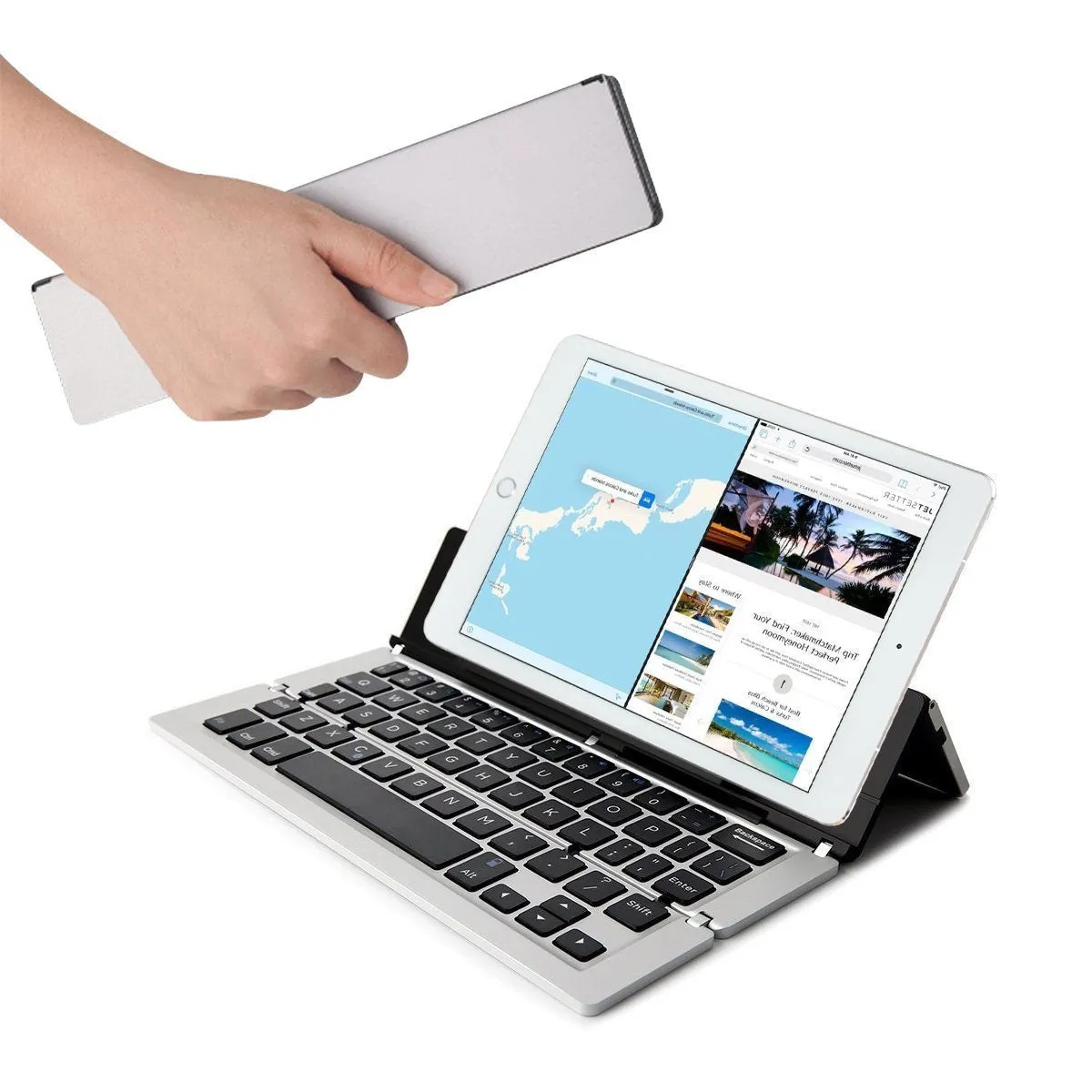 F18 three-fold folding aluminium alloy Bluetooth keyboard in golden, expanded view showing 58 keys
