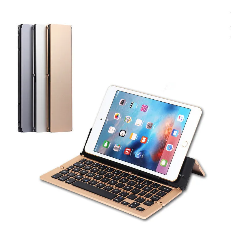 F18 three-fold folding aluminium alloy Bluetooth keyboard in golden, expanded view showing 58 keys