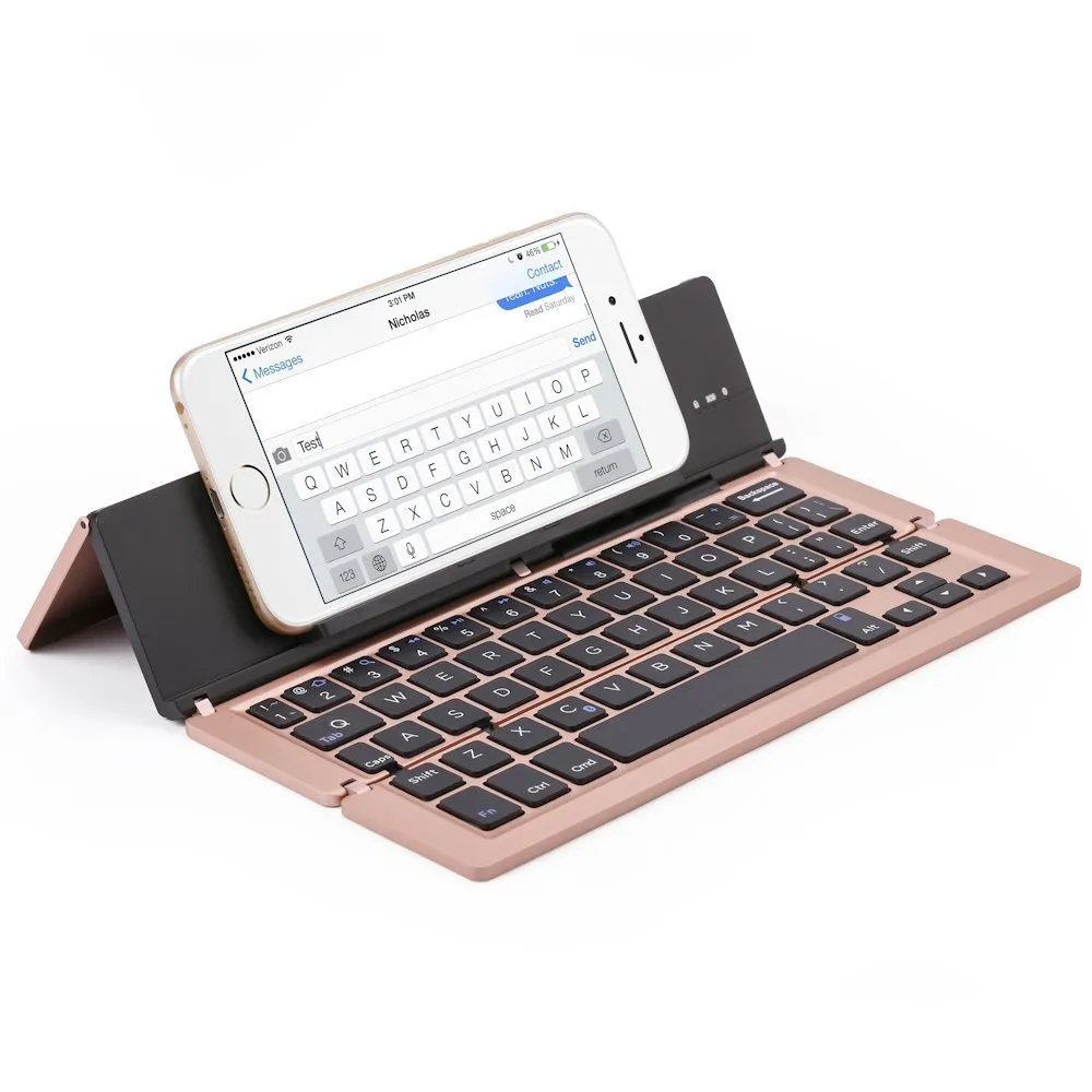 F18 three-fold folding aluminium alloy Bluetooth keyboard in golden, expanded view showing 58 keys