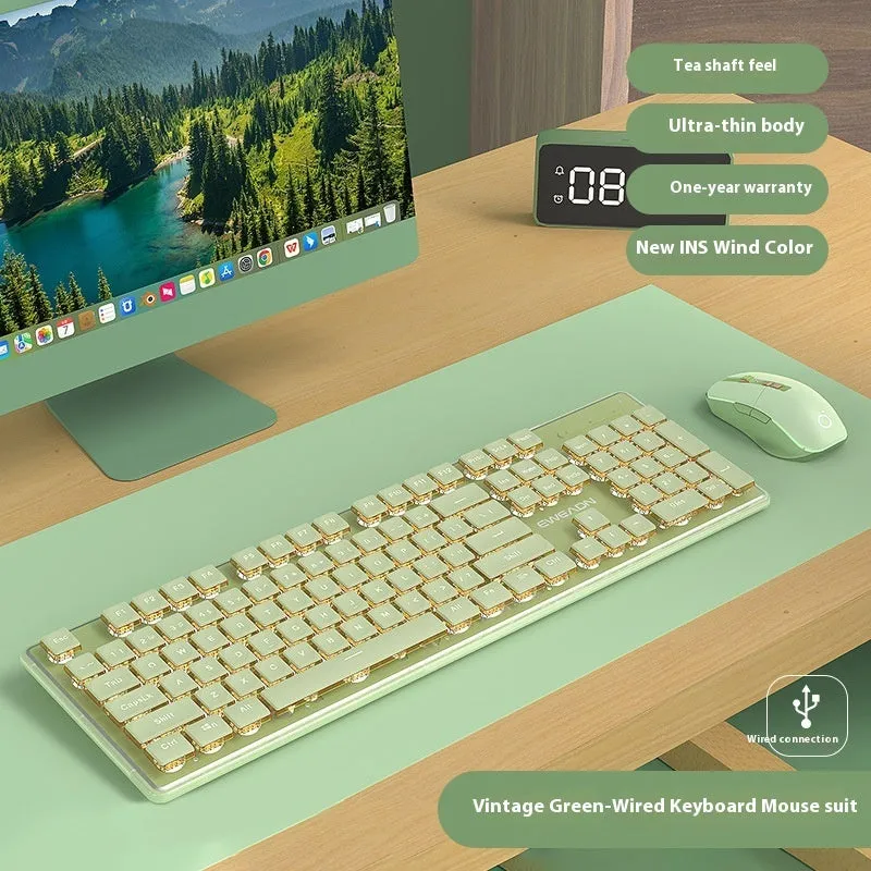 Prewalker V3 wired mechanical-feel keyboard and mouse set in retro green colour on a desk.
