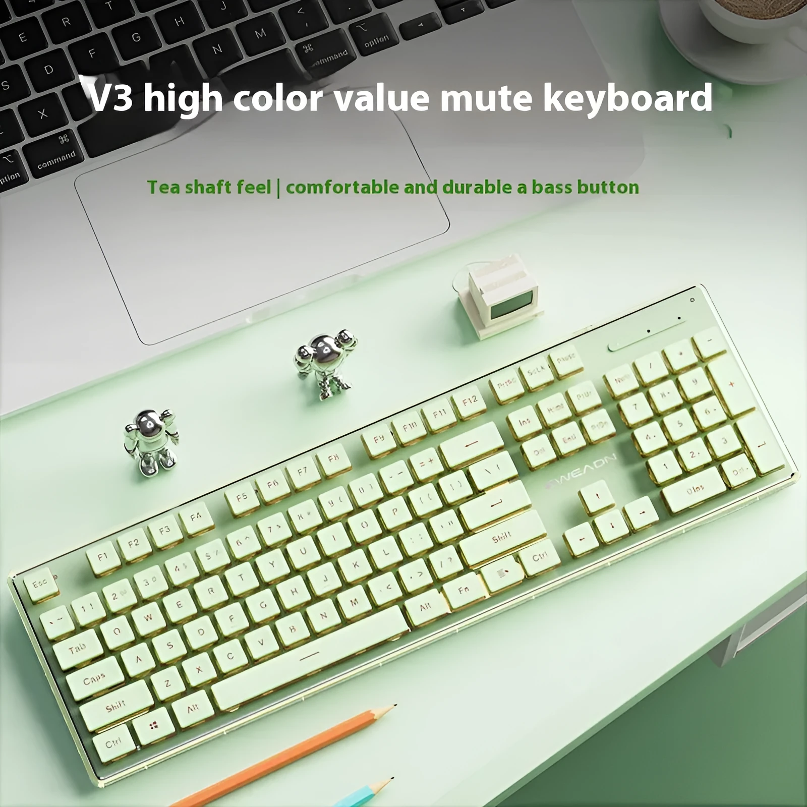 Prewalker V3 wired mechanical-feel keyboard and mouse set in retro green colour on a desk.