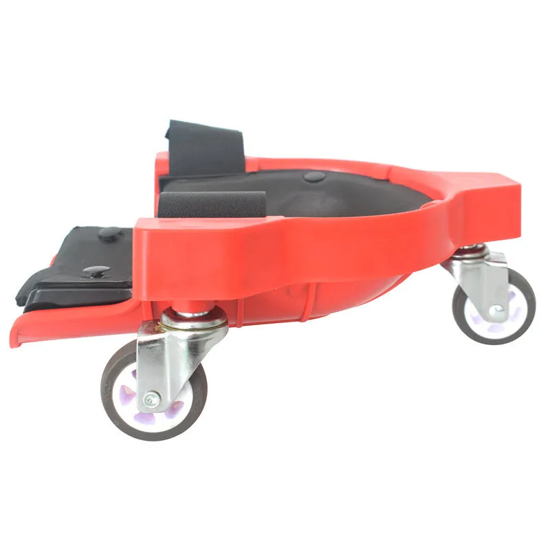 Red and black multi-function pulley knee pad with ABS frame, sponge pad, and universal wheels on a tiled floor