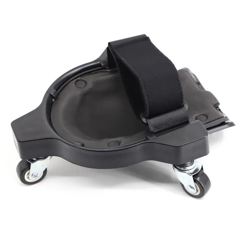 Red and black multi-function pulley knee pad with ABS frame, sponge pad, and universal wheels on a tiled floor