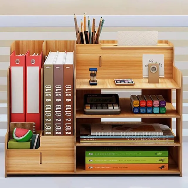 Wooden desktop organiser with multi-layer partitions for books, stationery, and tissues in a dormitory setting