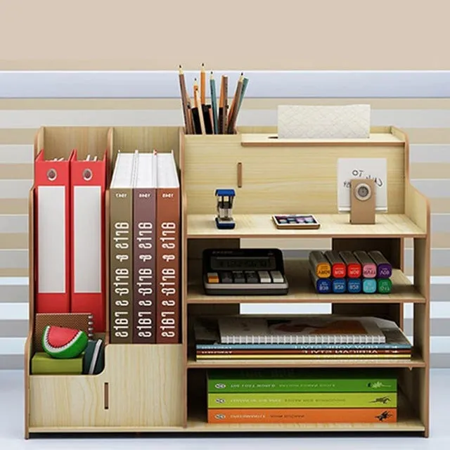 Wooden desktop organiser with multi-layer partitions for books, stationery, and tissues in a dormitory setting
