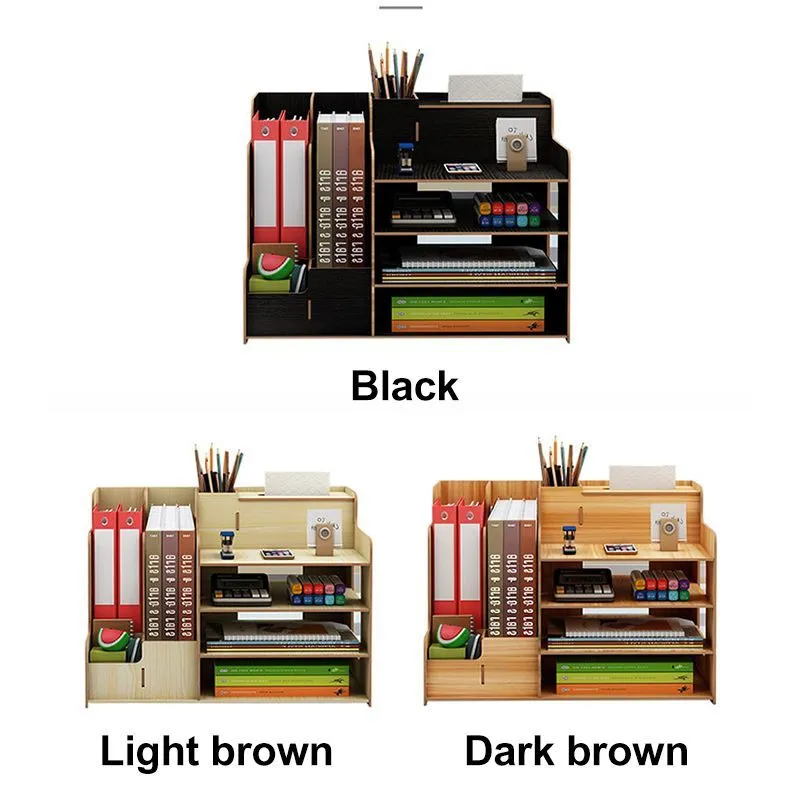 Wooden desktop organiser with multi-layer partitions for books, stationery, and tissues in a dormitory setting