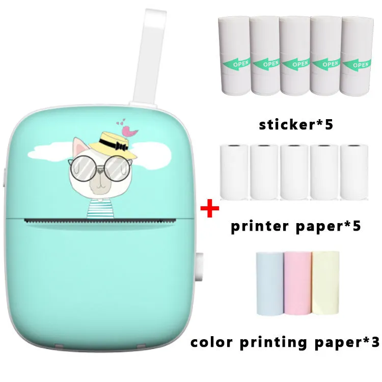Blue Bluetooth portable thermal printer with paper roll inserted, compact design for students