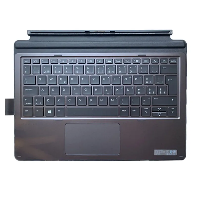 Wireless Bluetooth keyboard acting as a base for an HP Elite X2 tablet, showing multimedia keys.
