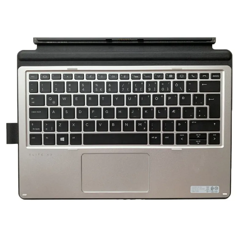 Wireless Bluetooth keyboard acting as a base for an HP Elite X2 tablet, showing multimedia keys.