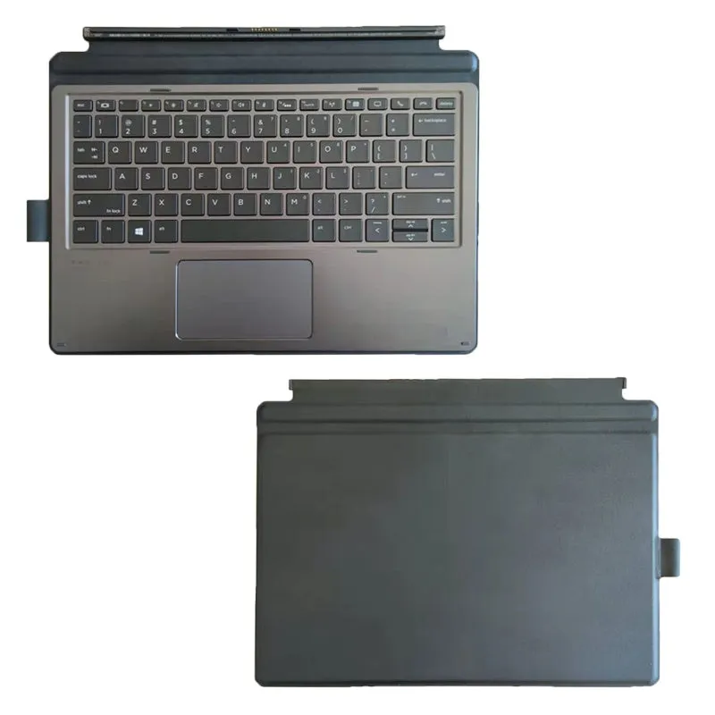 Wireless Bluetooth keyboard acting as a base for an HP Elite X2 tablet, showing multimedia keys.