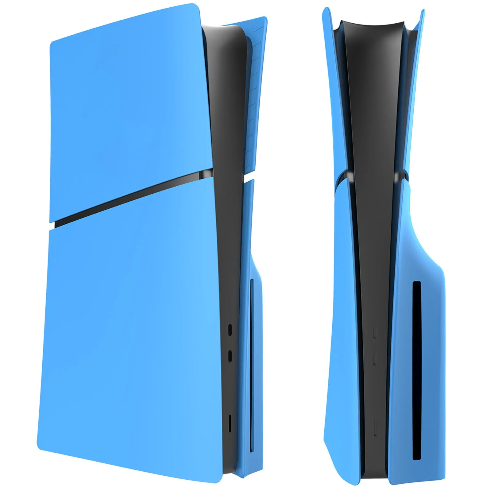 PS5 Slim replacement shell set in ABS plastic, shown in various colours like blue and silver.