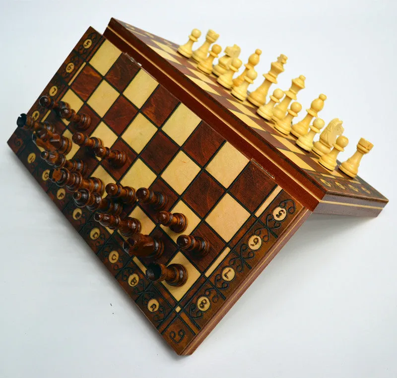 Wooden magnetic 3-in-1 chess set folding board with wooden chess pieces king height 5.5cm