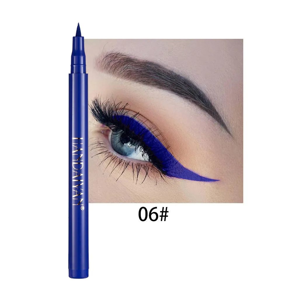 Twelve matte liquid eyeliners in assorted colours, each 1.6g, with fine tip for precise application