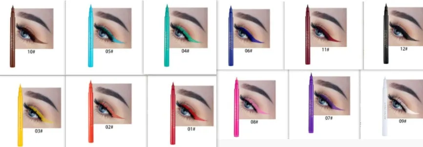 Twelve matte liquid eyeliners in assorted colours, each 1.6g, with fine tip for precise application
