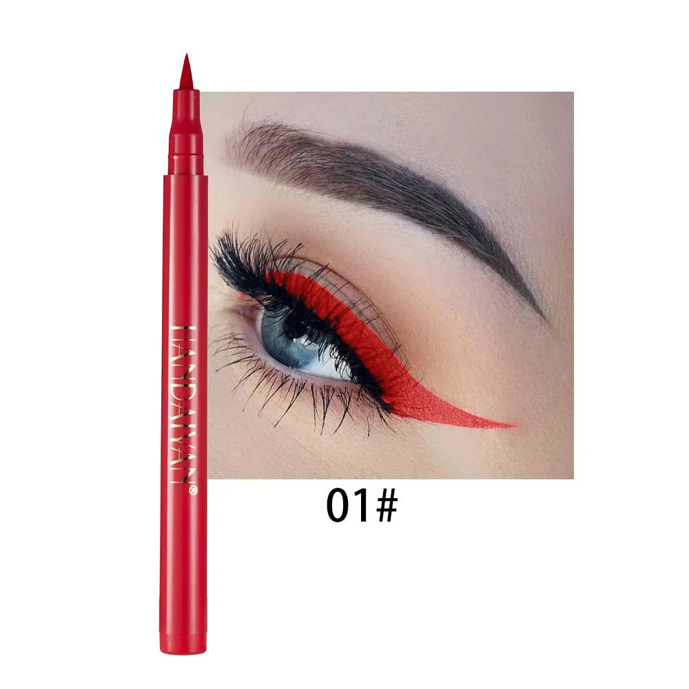 Twelve matte liquid eyeliners in assorted colours, each 1.6g, with fine tip for precise application