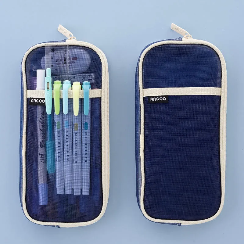 Transparent solid colour mesh pen case showing two-tone design with pens visible inside