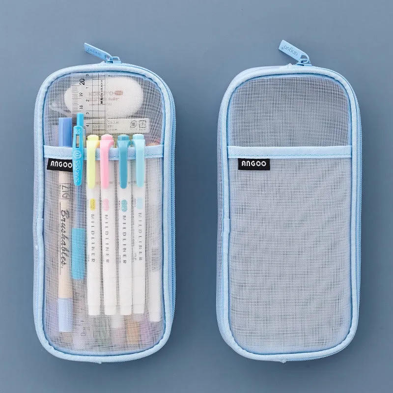 Transparent solid colour mesh pen case showing two-tone design with pens visible inside