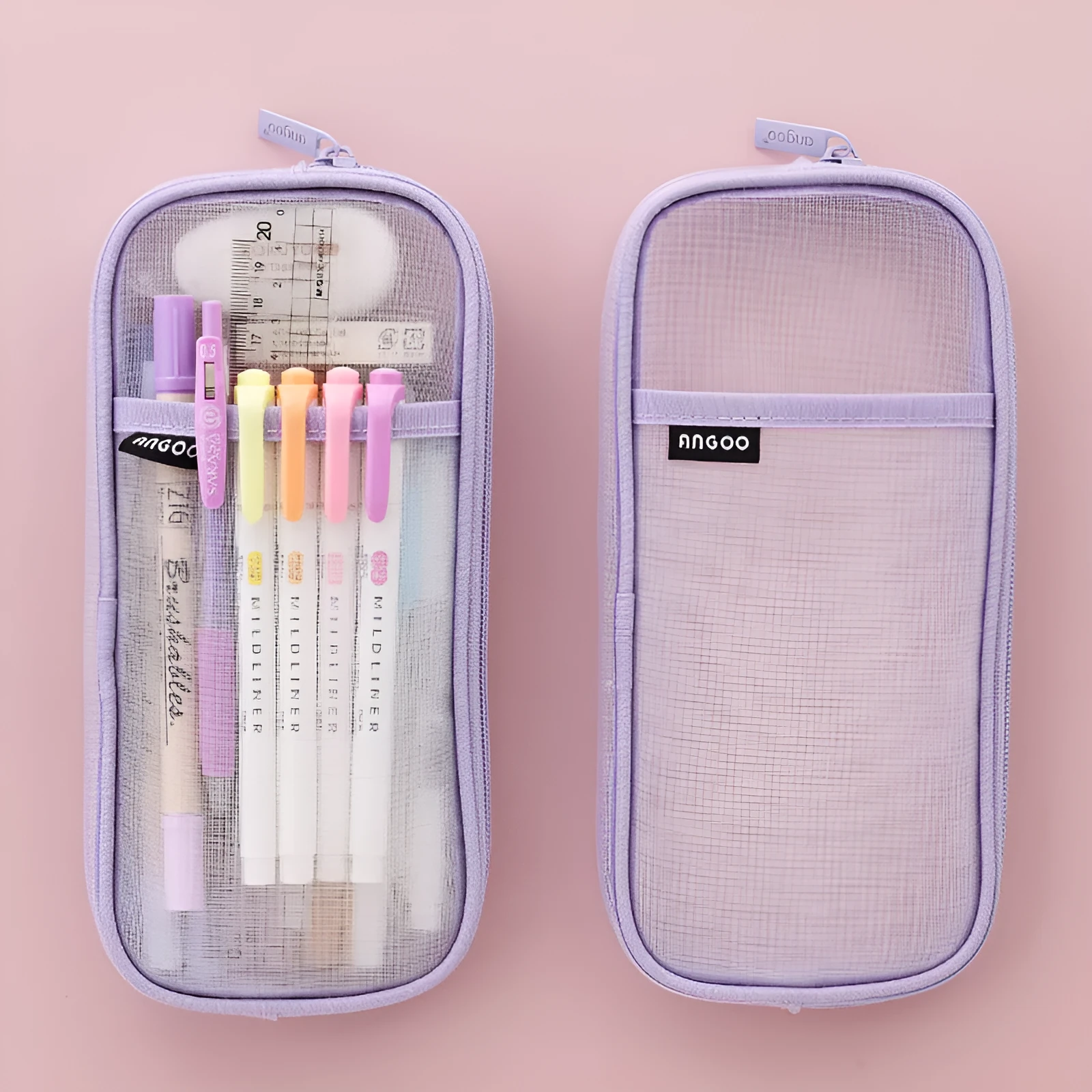 Transparent solid colour mesh pen case showing two-tone design with pens visible inside