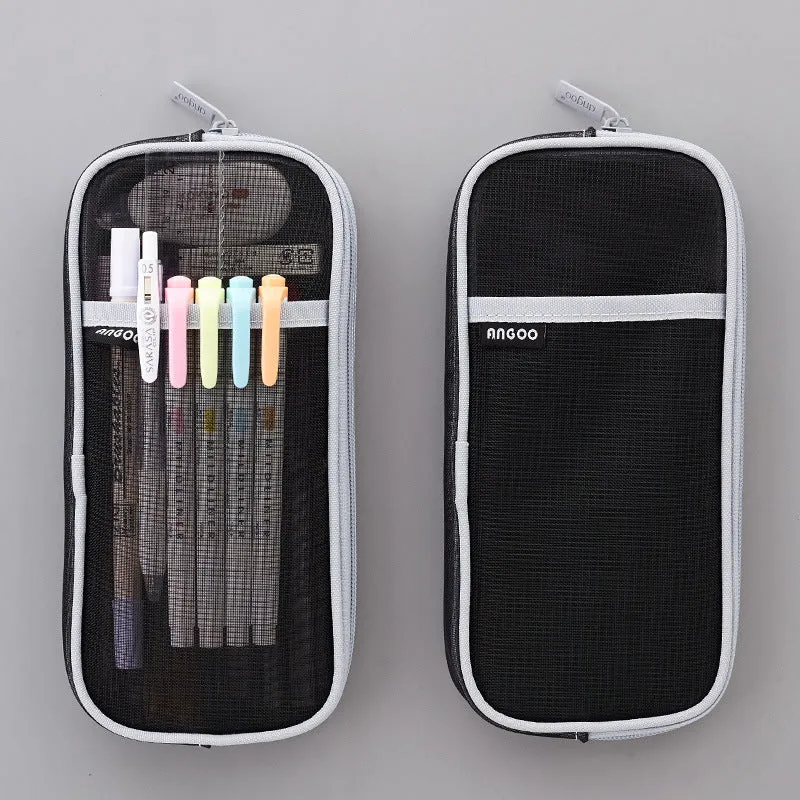 Transparent solid colour mesh pen case showing two-tone design with pens visible inside